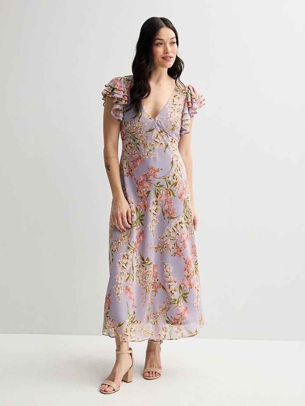 Taylor Floral Print Flutter-Sleeve Midi Dress